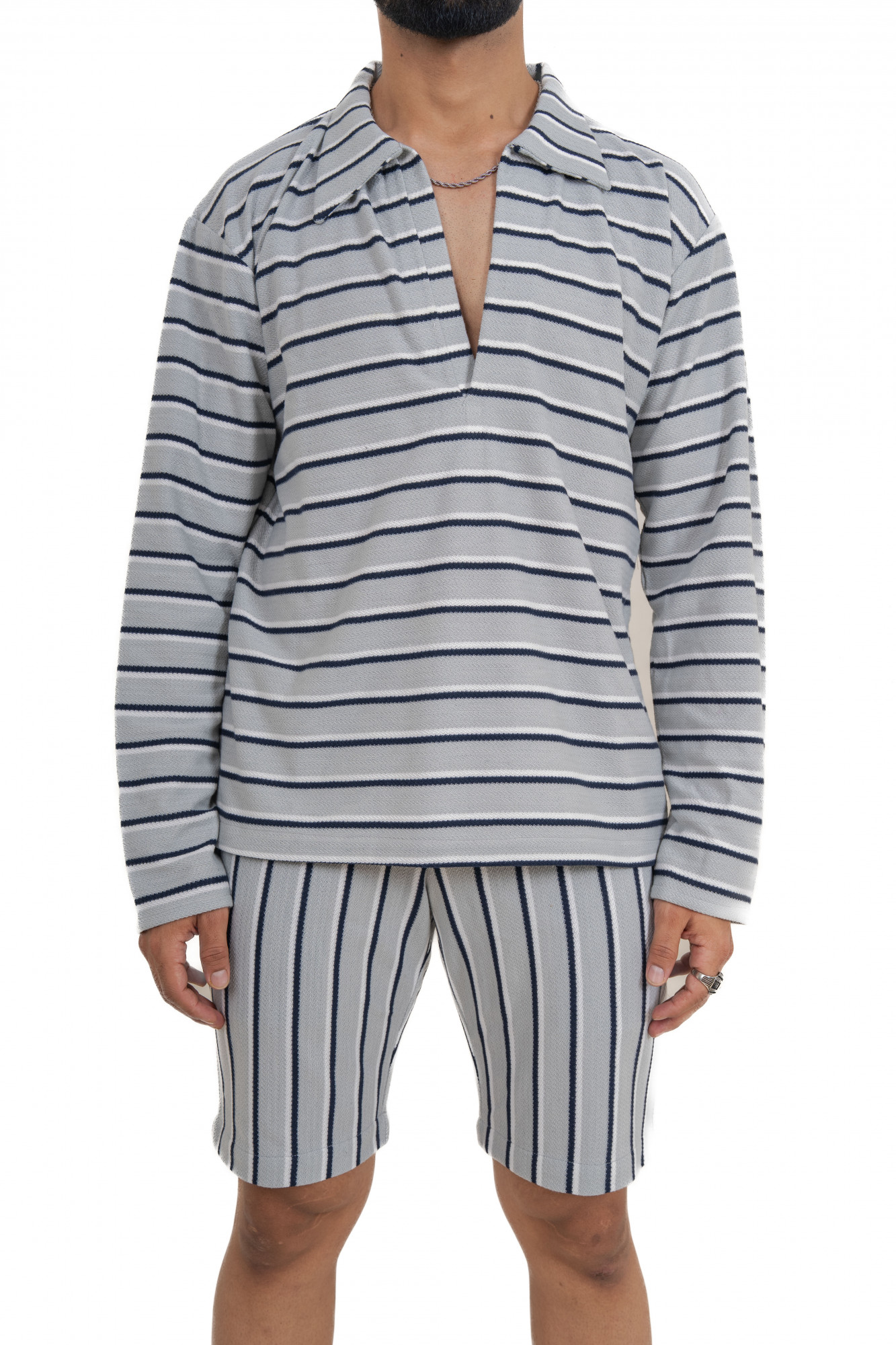 Striped Polo Coord Set In Grey