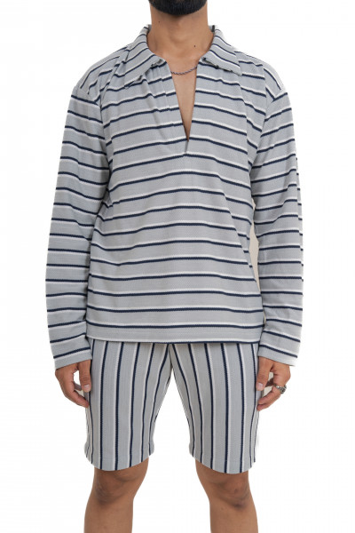Striped Polo Coord Set In Grey