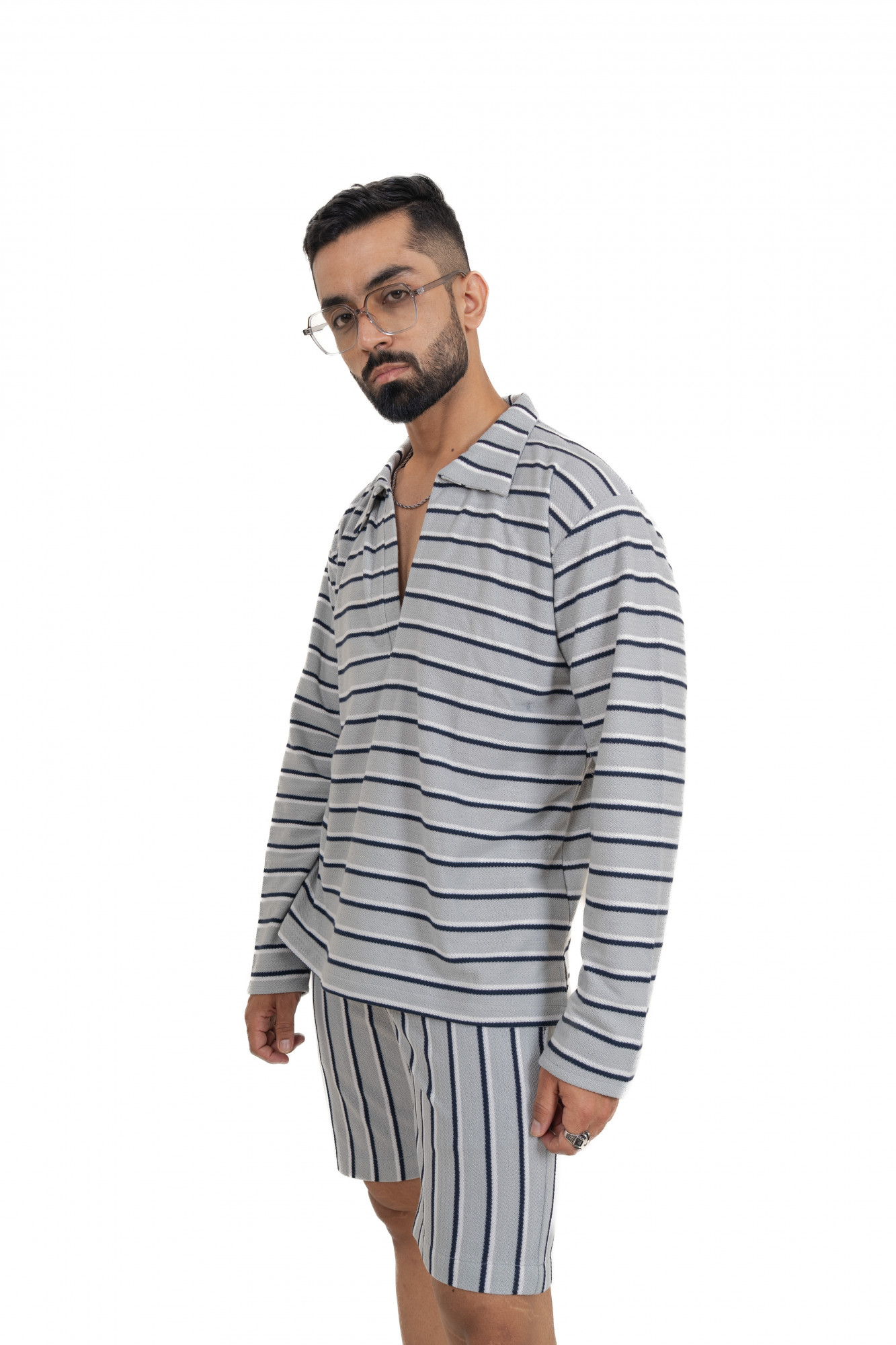 Striped Polo Coord Set In Grey