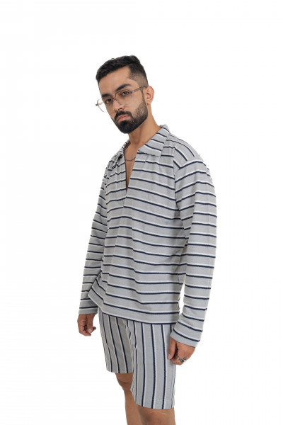 Striped Polo Coord Set In Grey