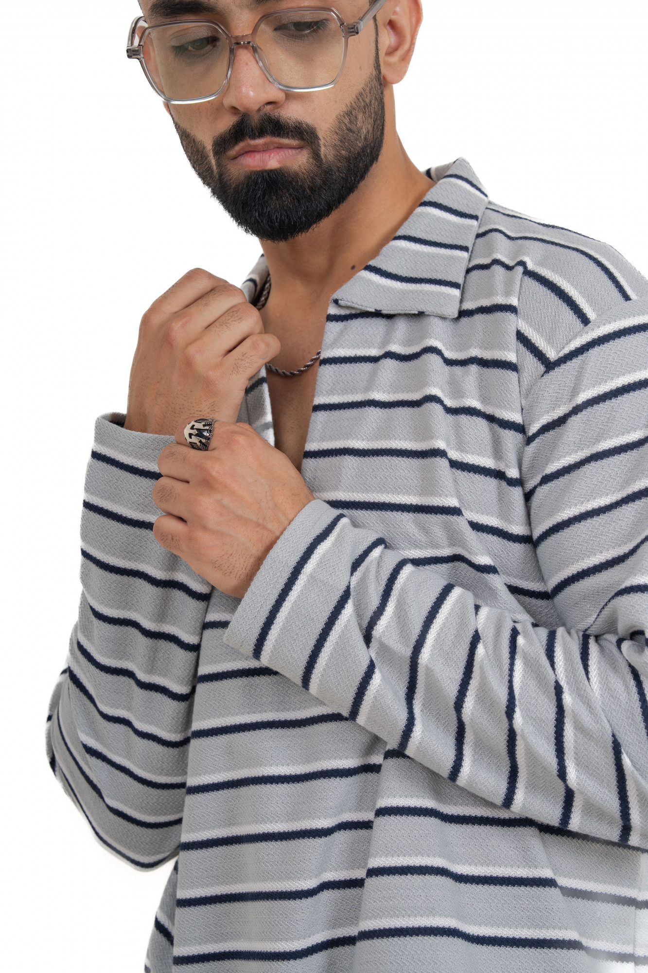 Striped Polo Coord Set In Grey