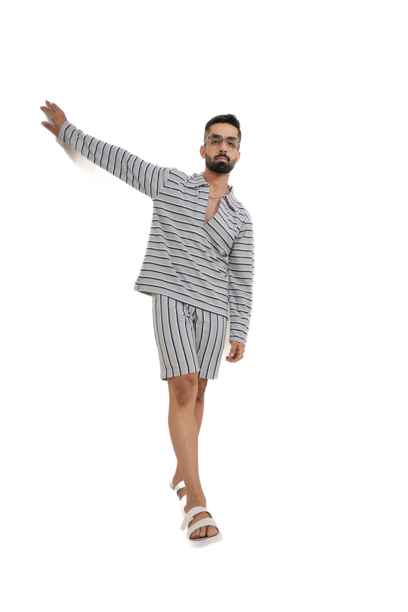 Striped Polo Coord Set In Grey