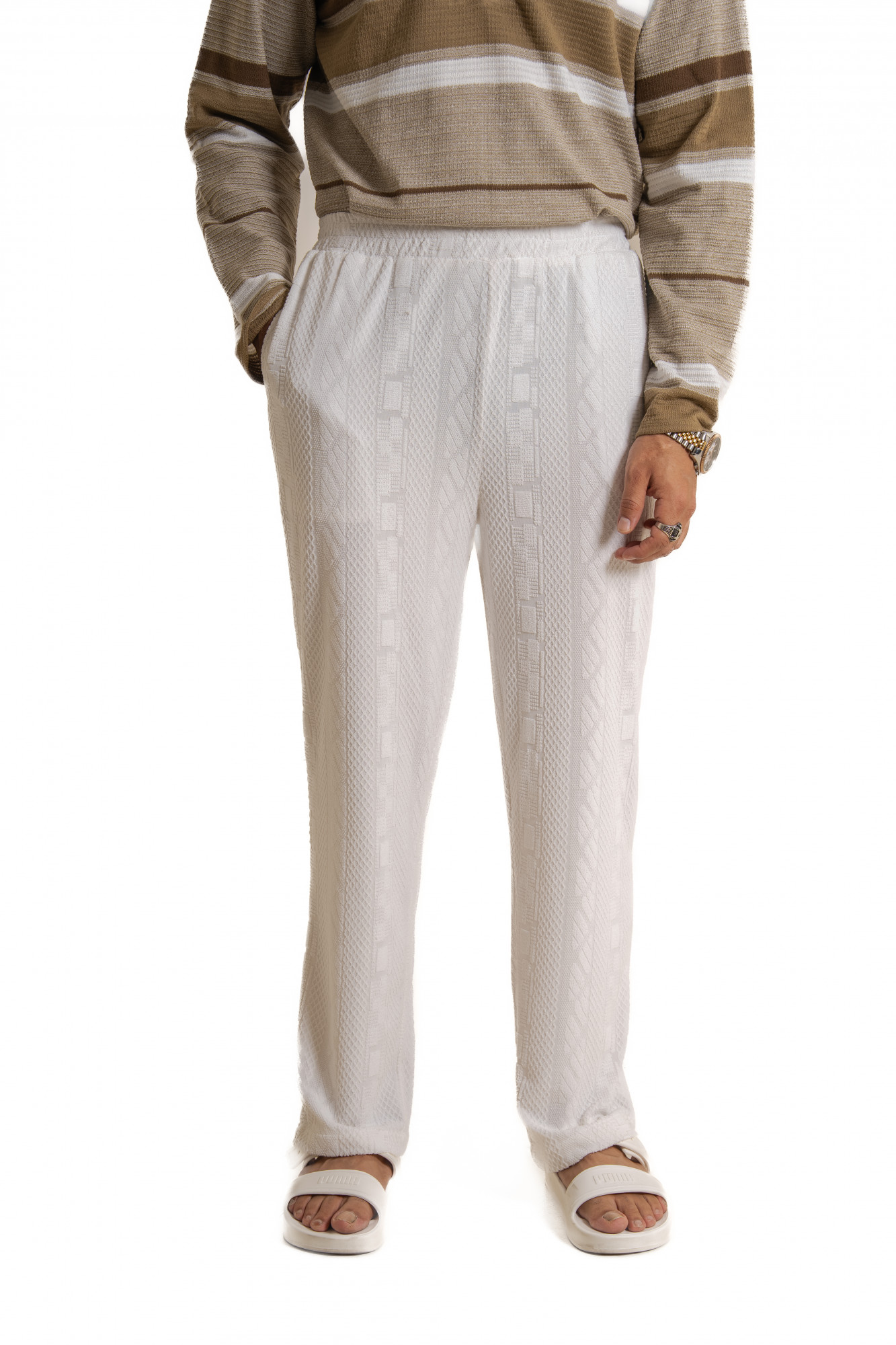 Textured Knit Lounge Pants In White
