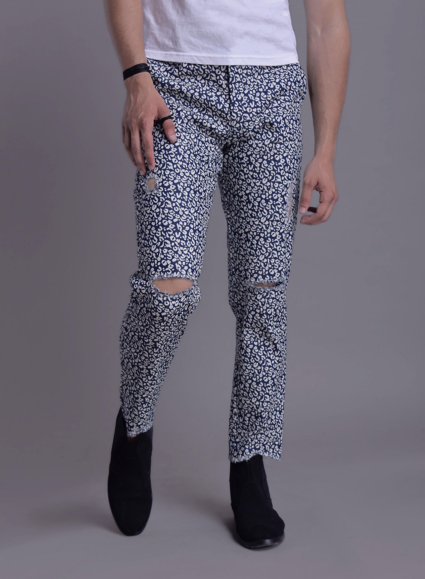 Mens Ripped Denim Printed Pants