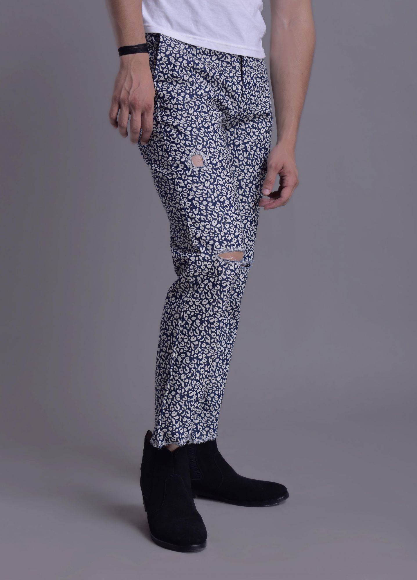 Mens Ripped Denim Printed Pants