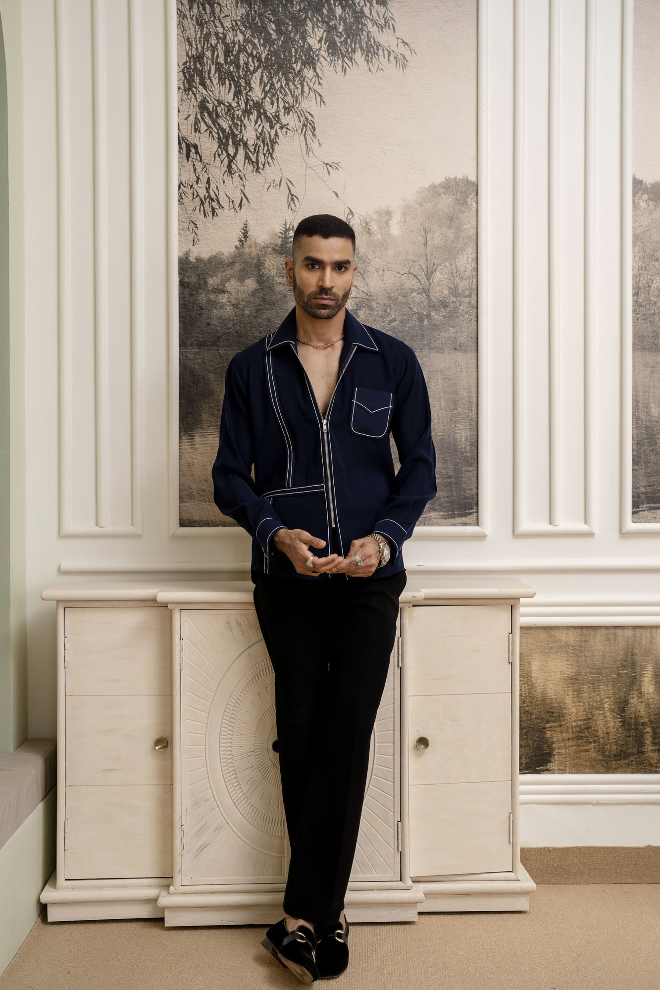 Tericott Threaded Zip Shirt In Blue