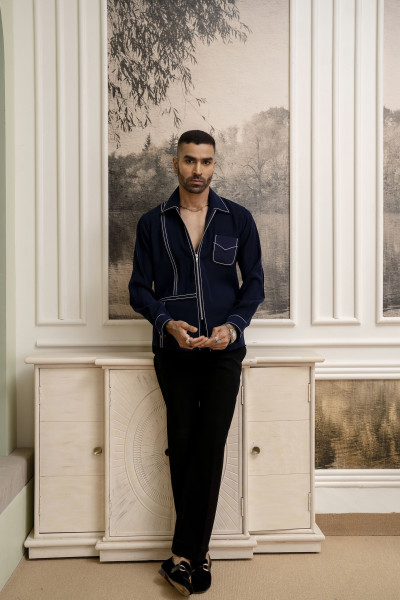 Tericott Threaded Zip Shirt In Blue