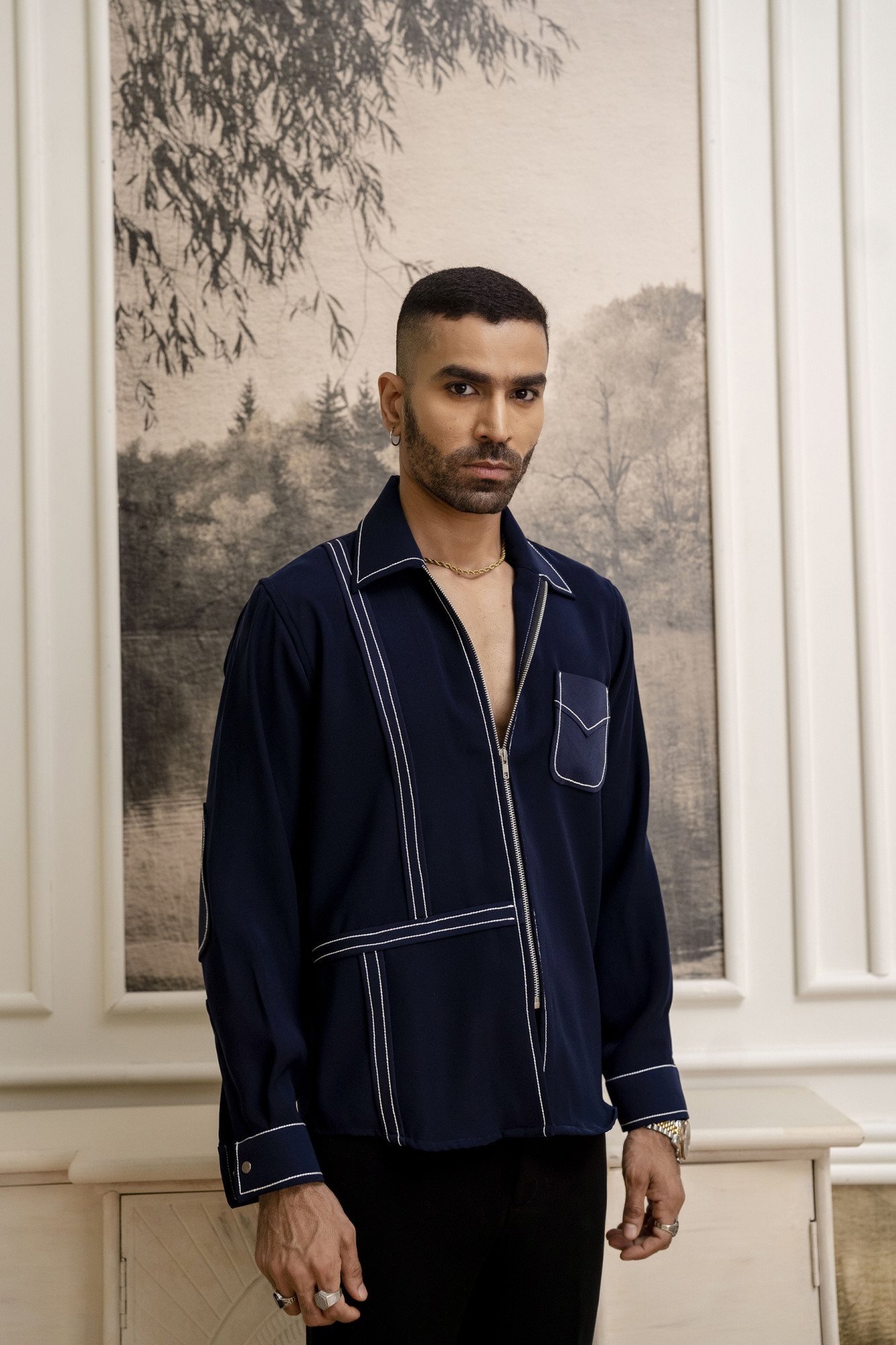 Tericott Threaded Zip Shirt In Blue