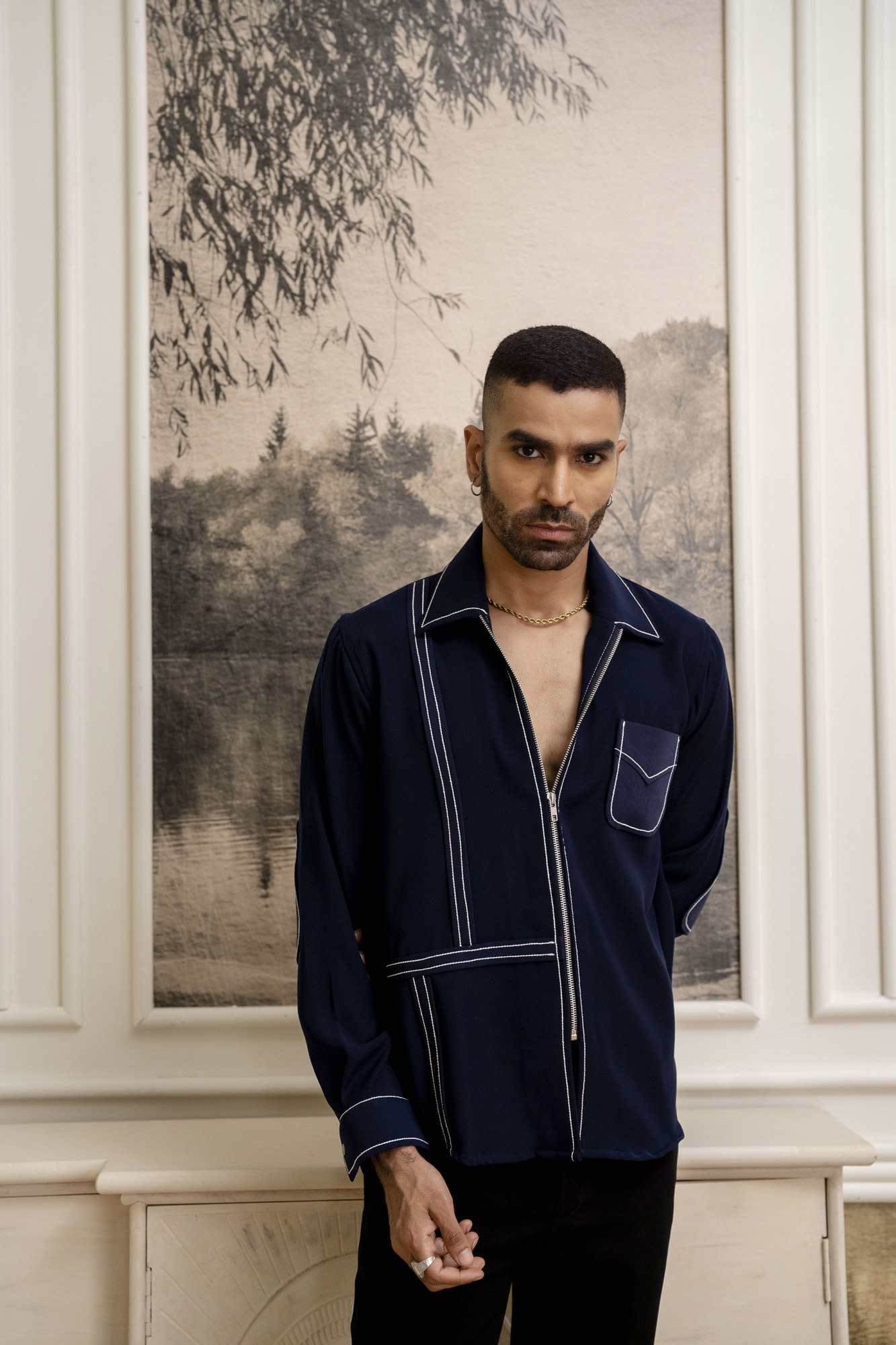 Tericott Threaded Zip Shirt In Blue