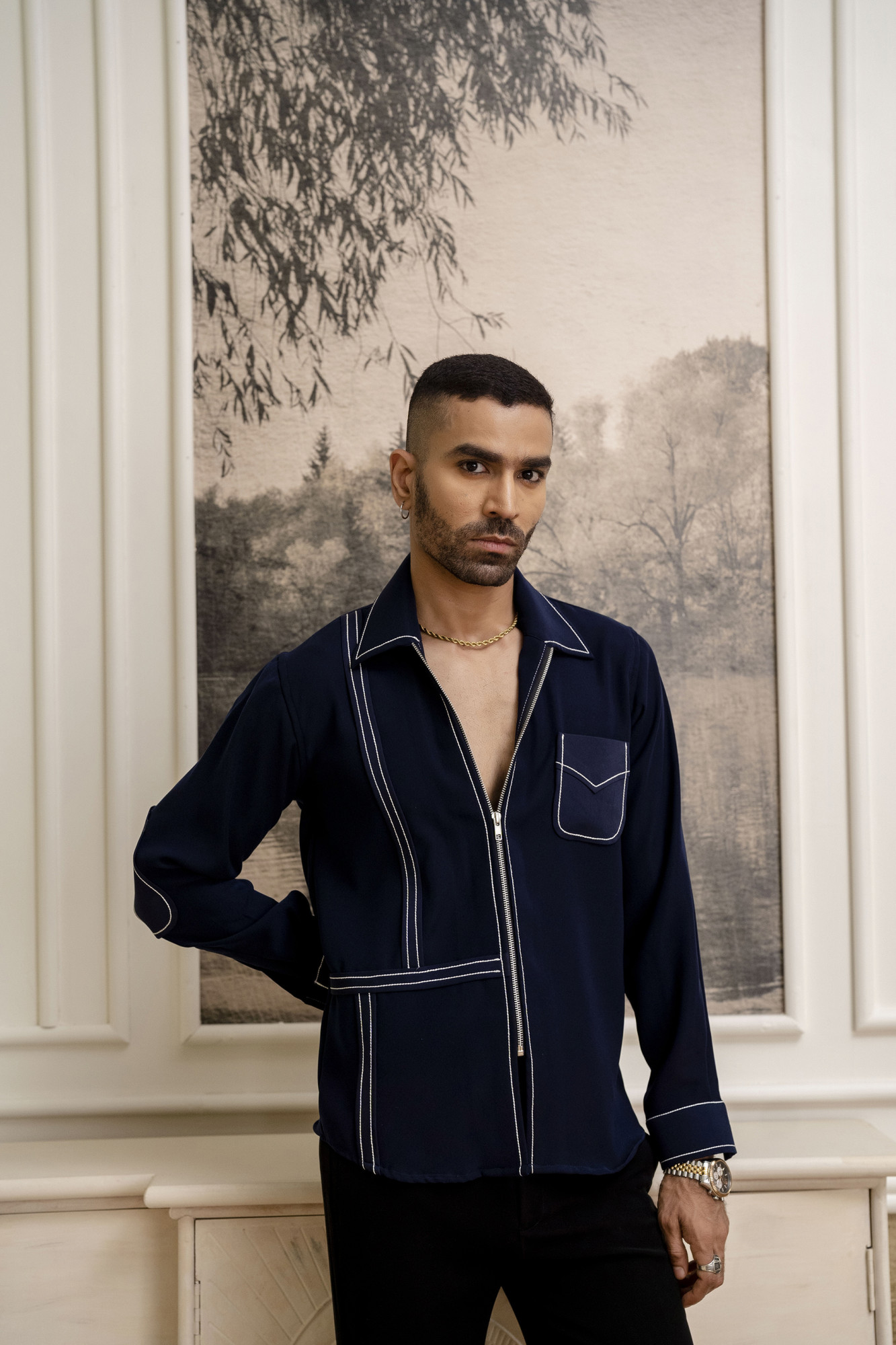 Tericott Threaded Zip Shirt In Blue