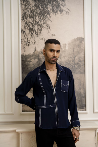 Tericott Threaded Zip Shirt In Blue