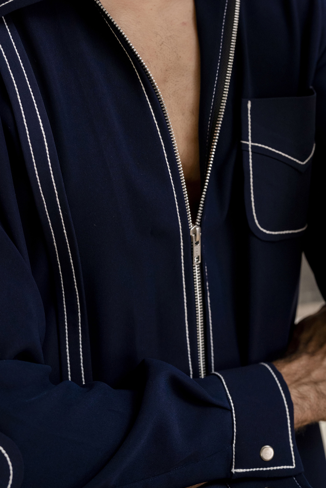 Tericott Threaded Zip Shirt In Blue