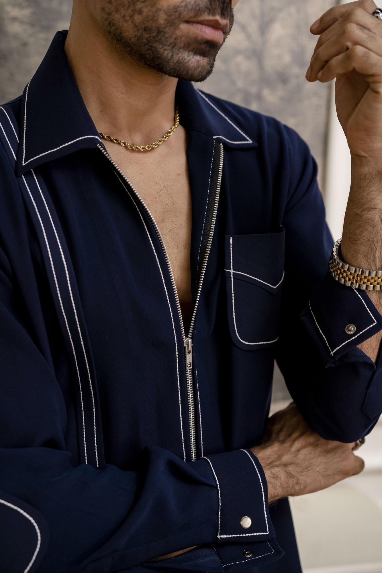 Tericott Threaded Zip Shirt In Blue