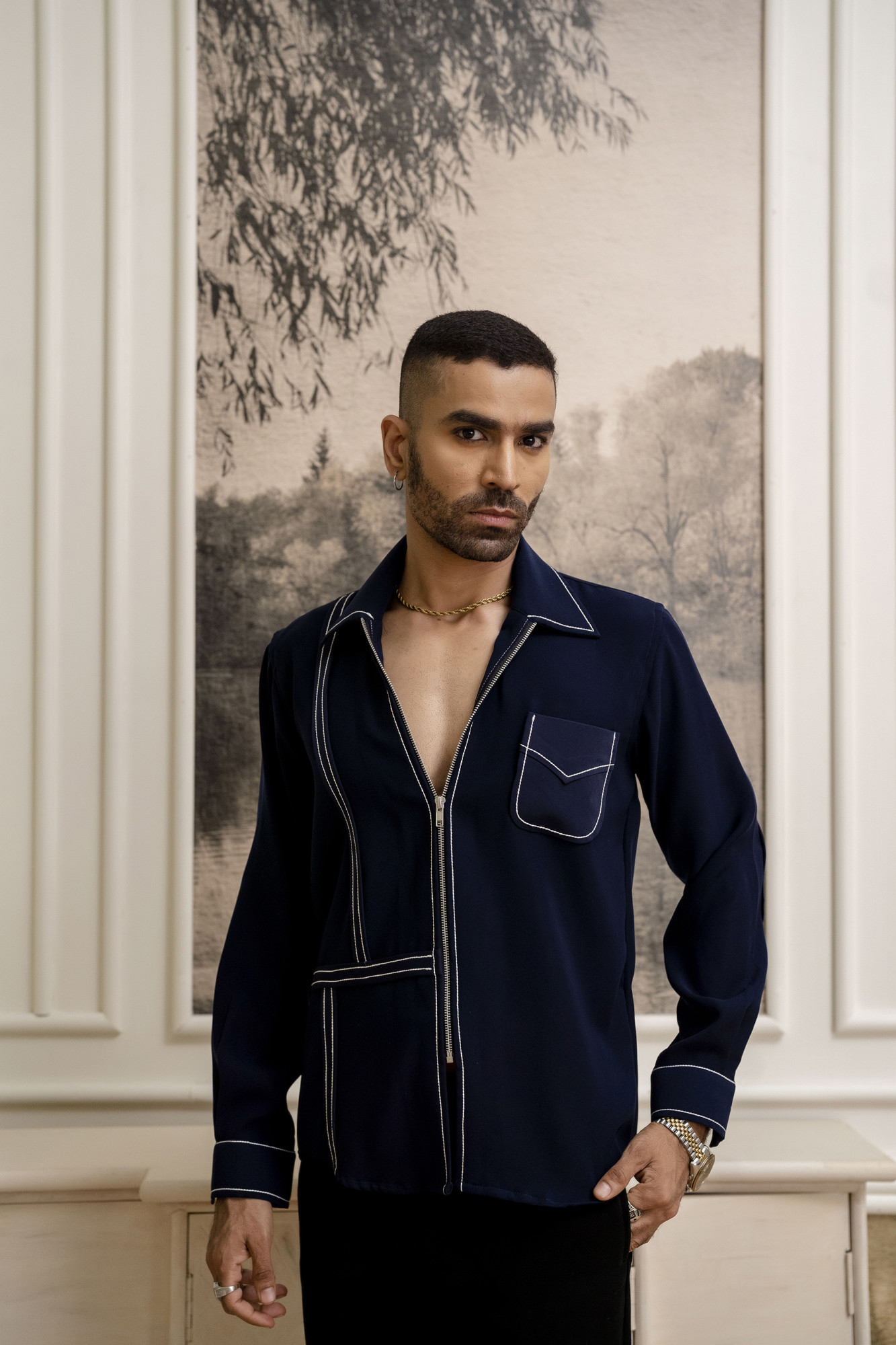 Tericott Threaded Zip Shirt In Blue