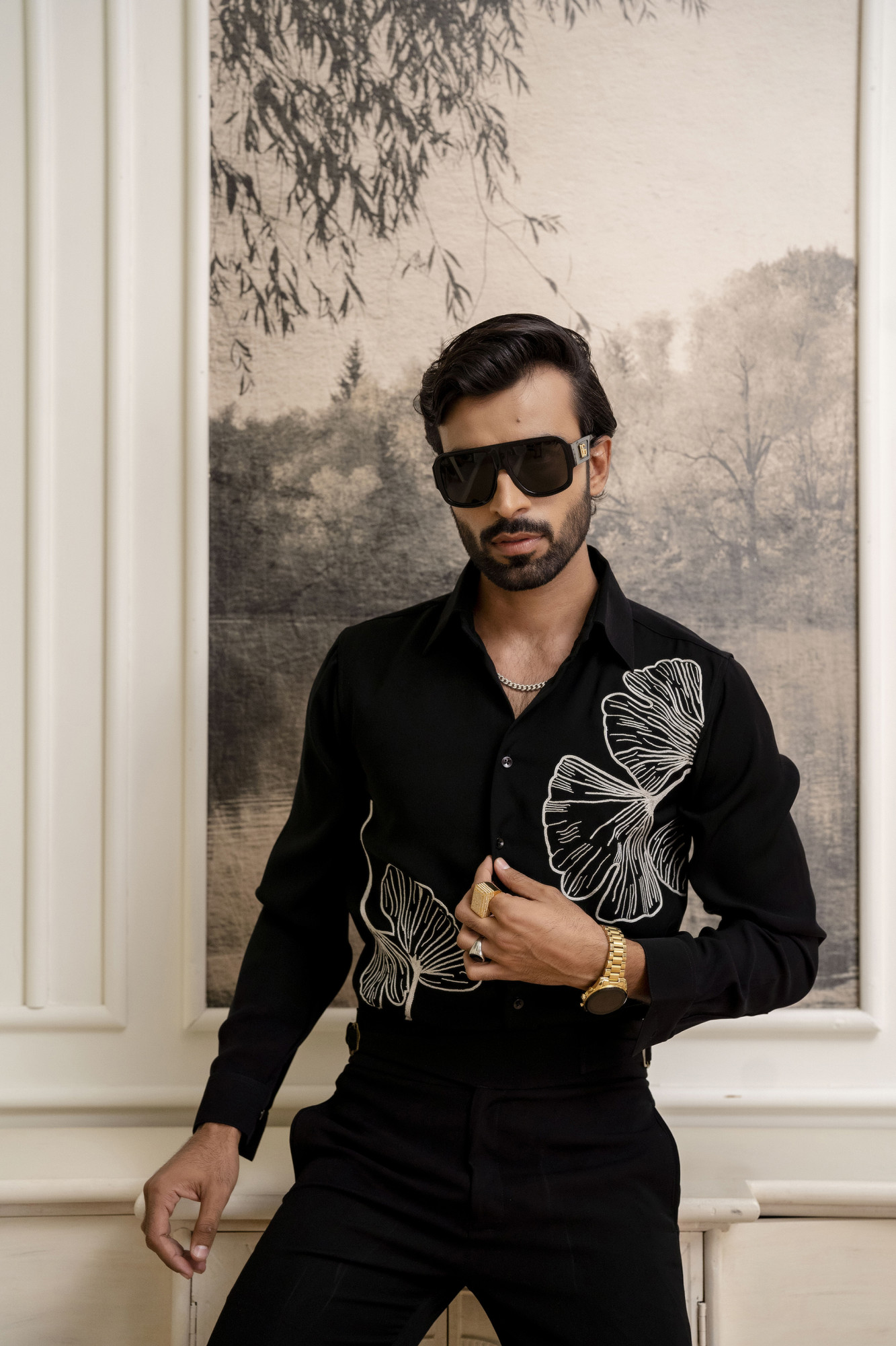 Hand Embroidered Japanese Shirt In Zed Black