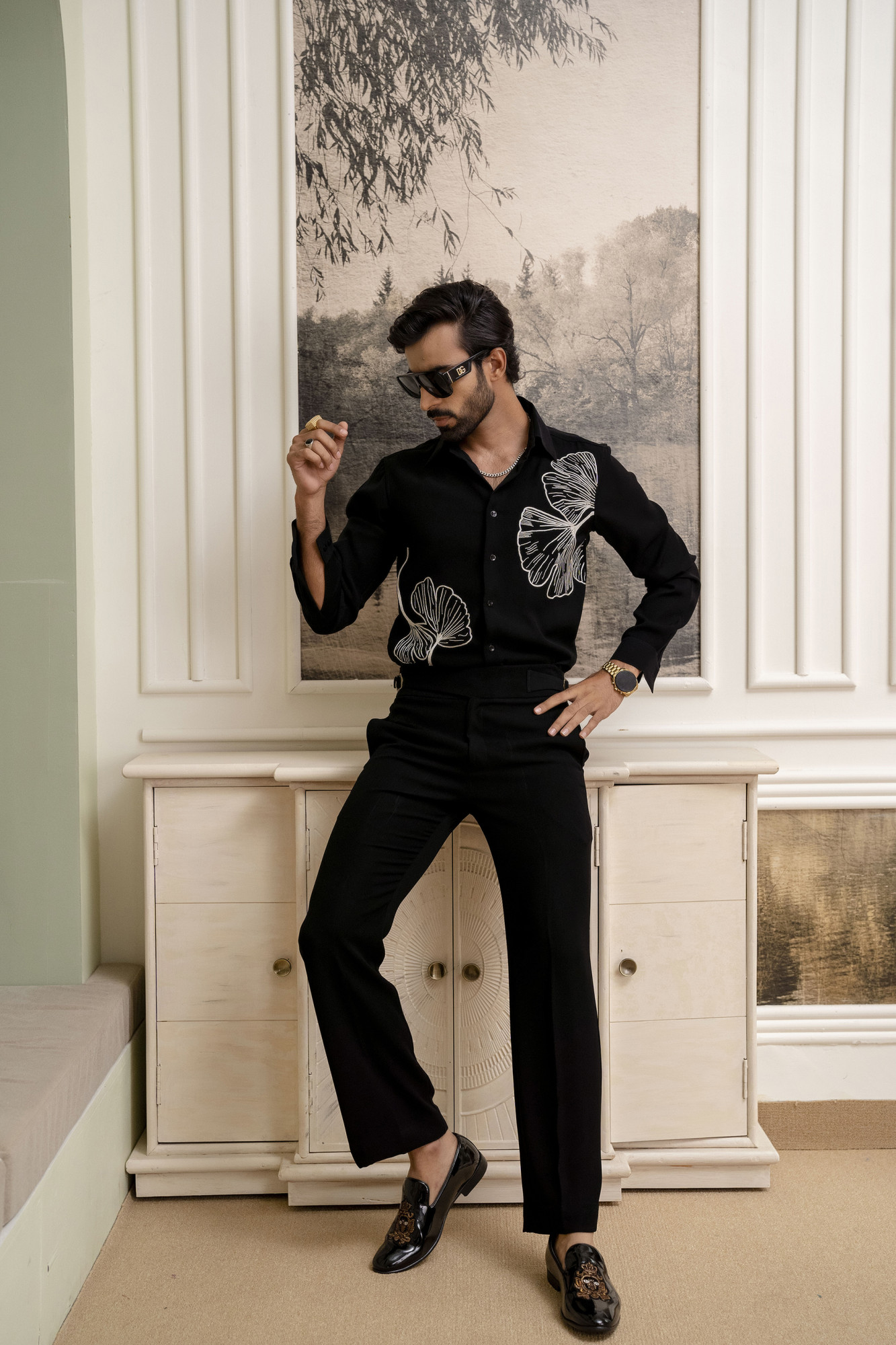 Hand Embroidered Japanese Shirt In Zed Black