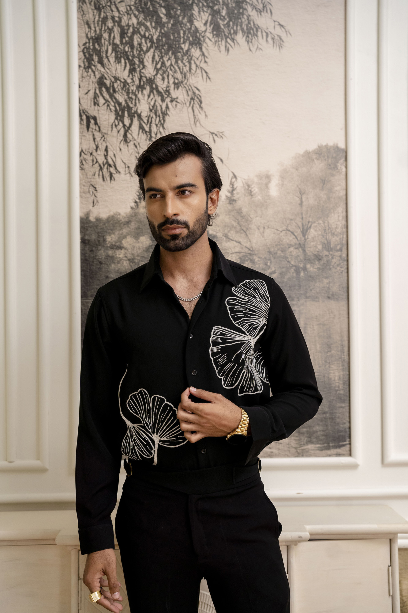 Hand Embroidered Japanese Shirt In Zed Black