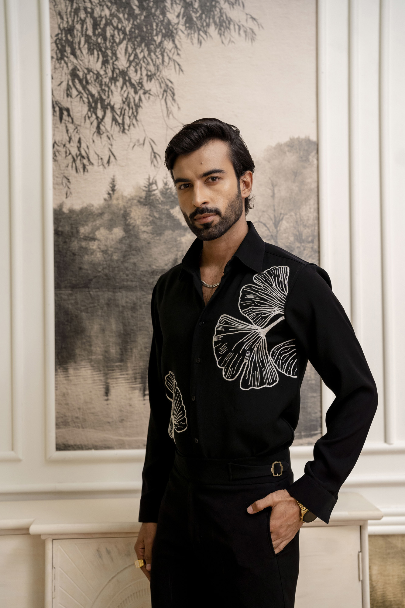 Hand Embroidered Japanese Shirt In Zed Black