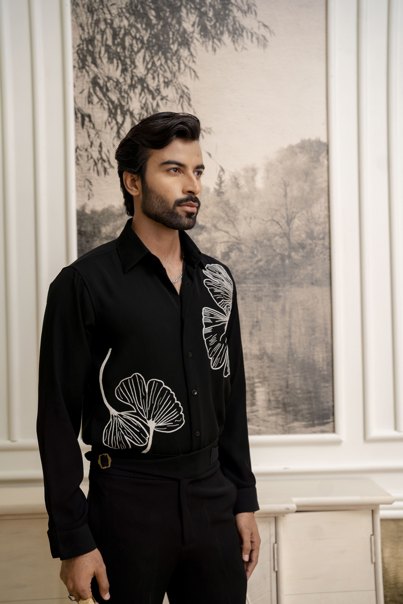 Hand Embroidered Japanese Shirt In Zed Black