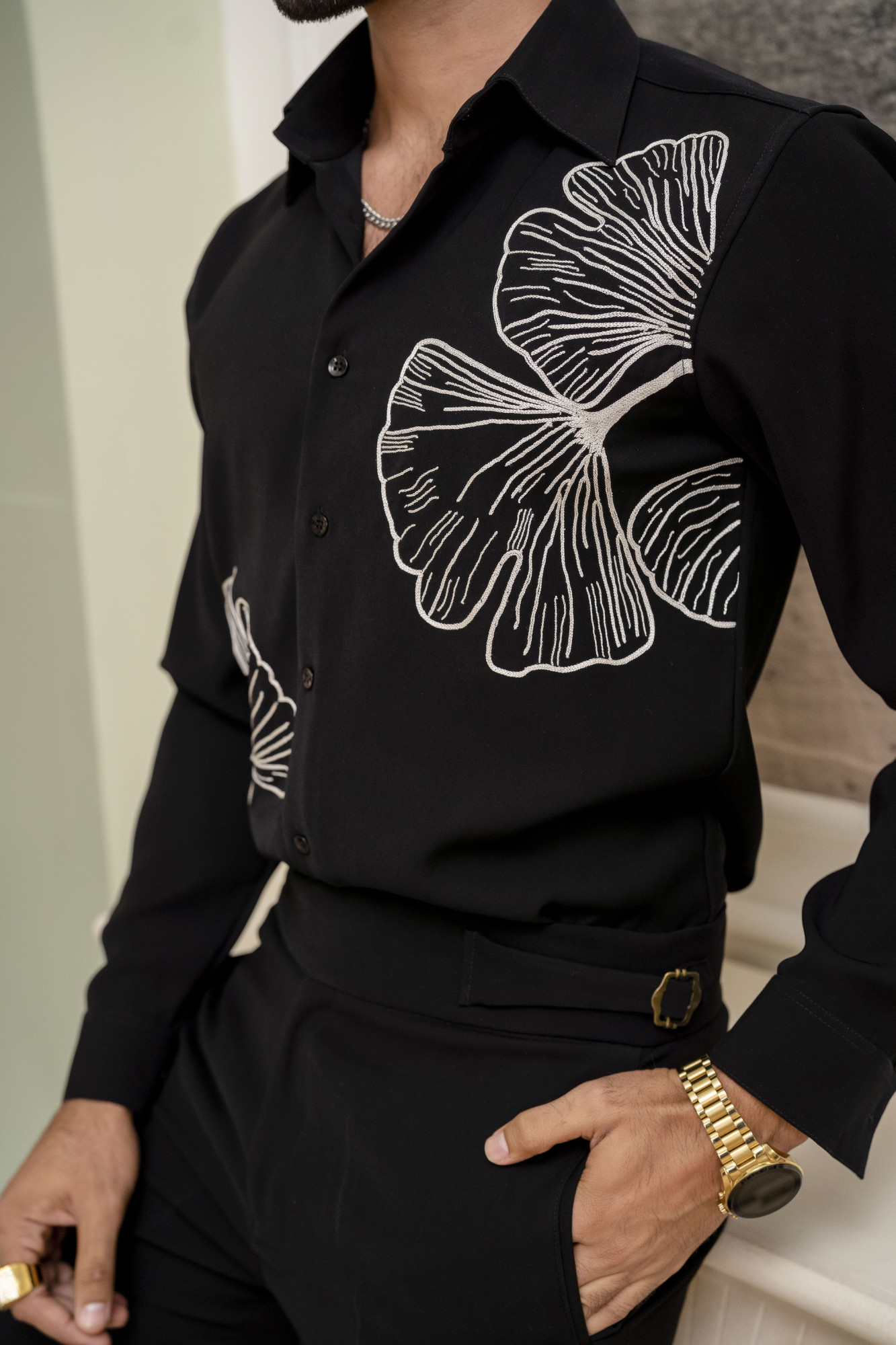 Hand Embroidered Japanese Shirt In Zed Black