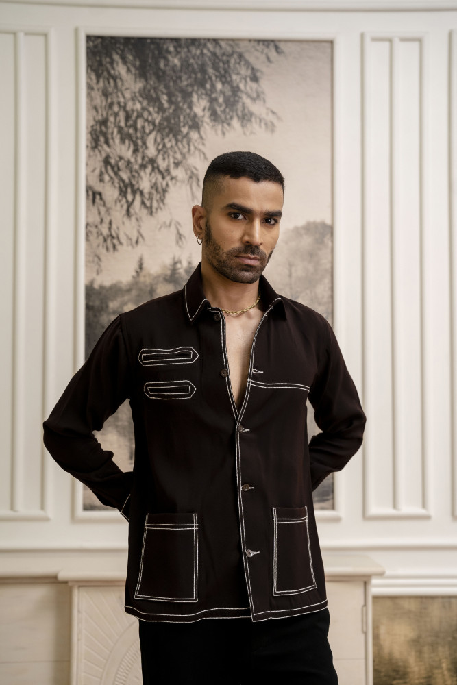 Image of Threaded Shacket In Dark Brown