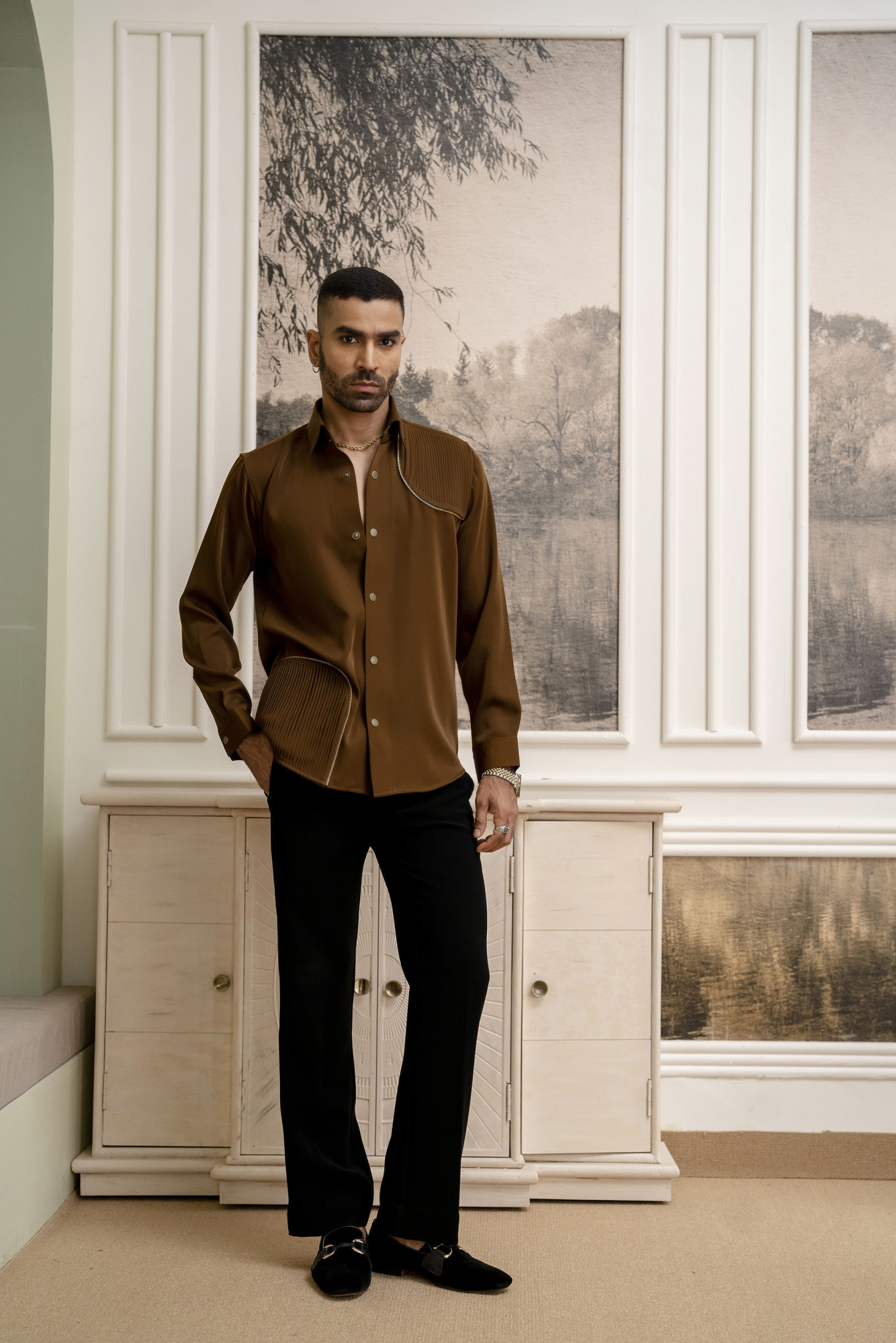 Pintex Chained Shacket In Tan