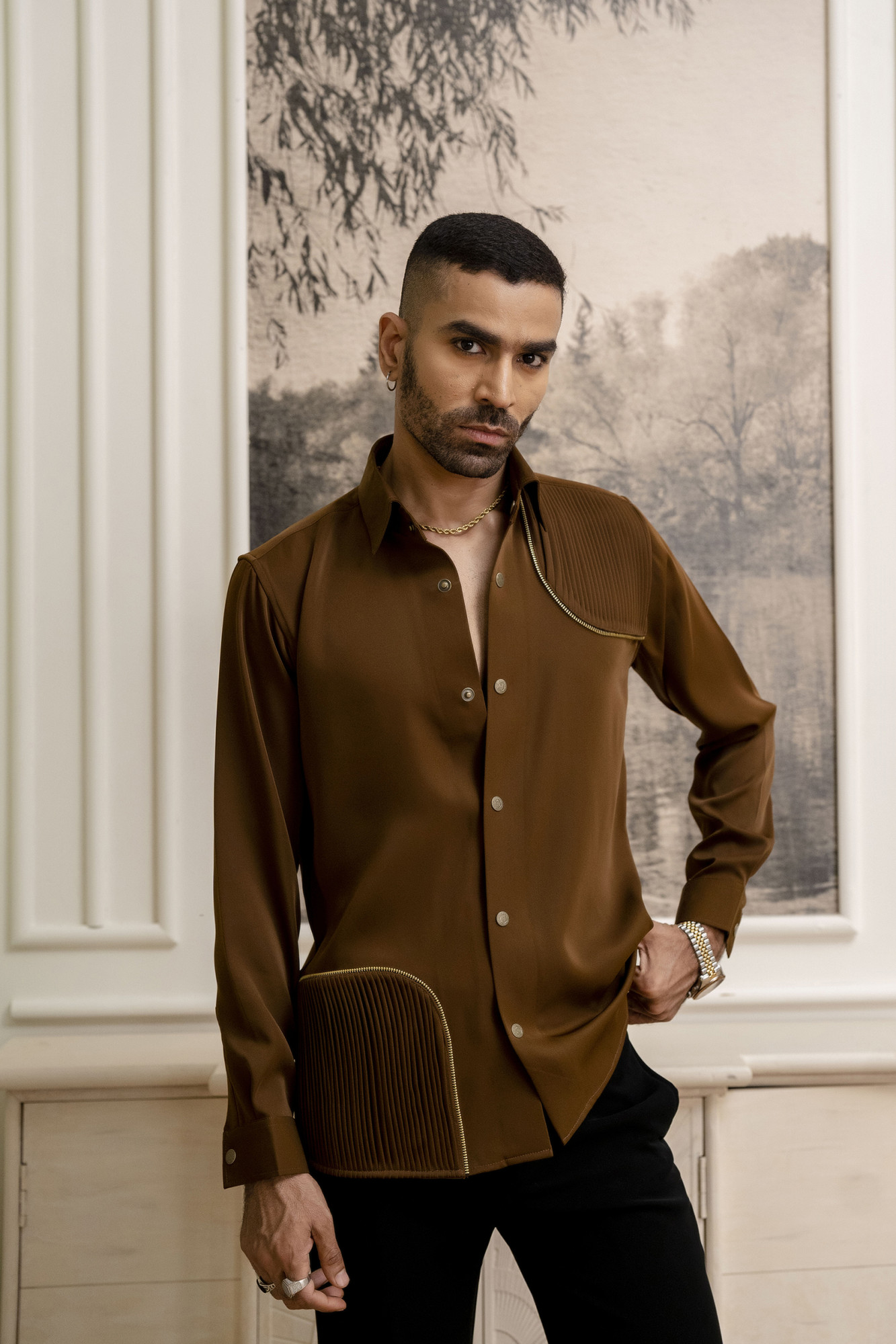 Pintex Chained Shacket In Tan