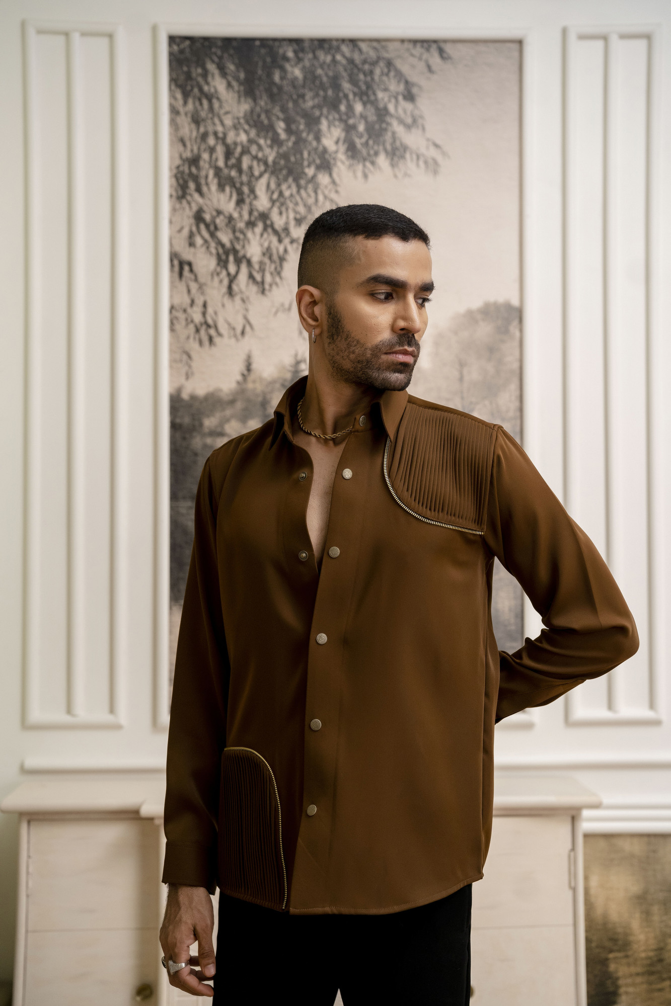 Pintex Chained Shacket In Tan