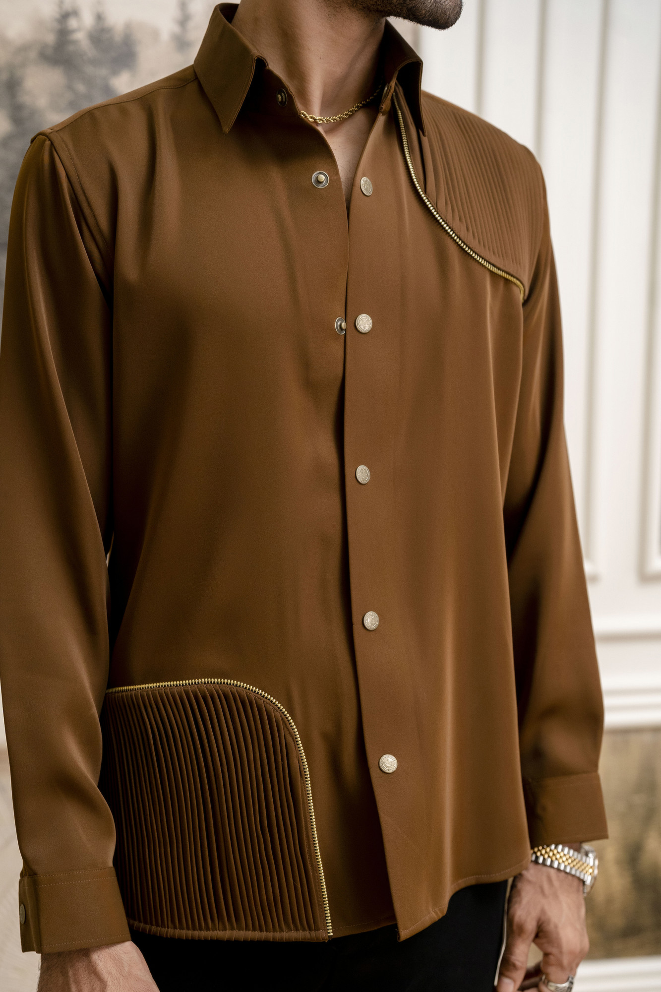 Pintex Chained Shacket In Tan