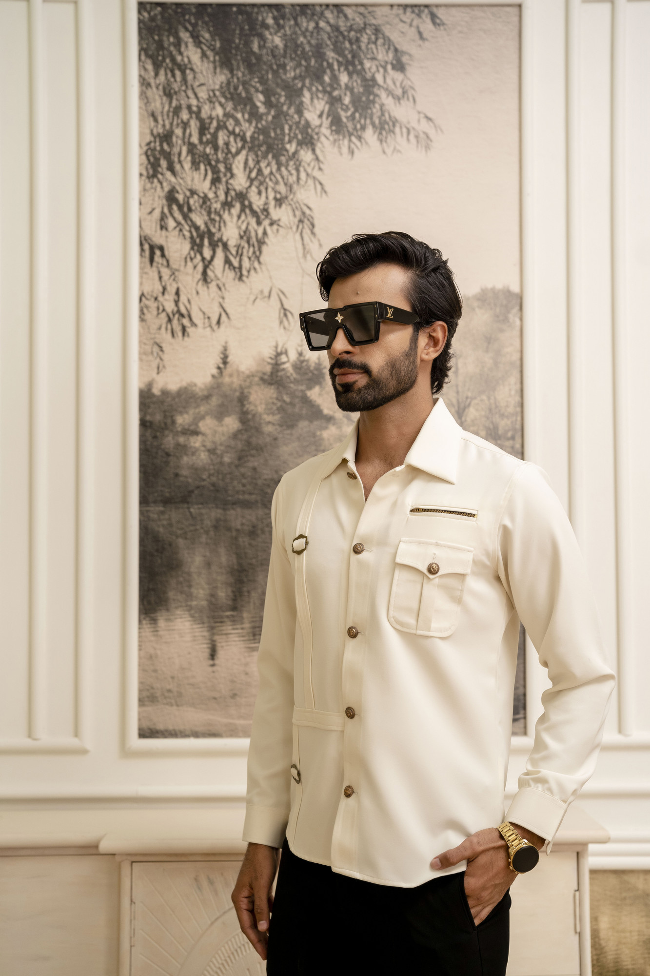 Buckle Motif Royal Shacket In Off White