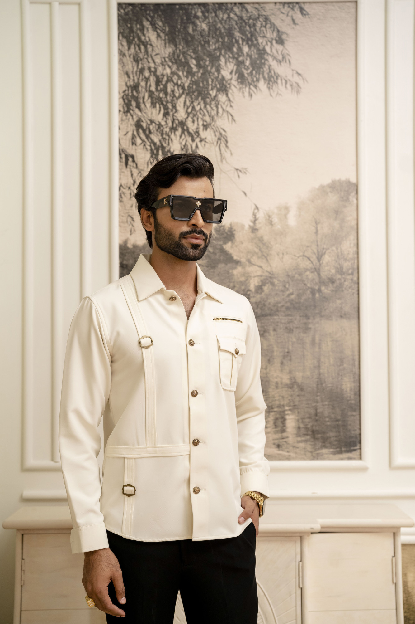 Buckle Motif Royal Shacket In Off White