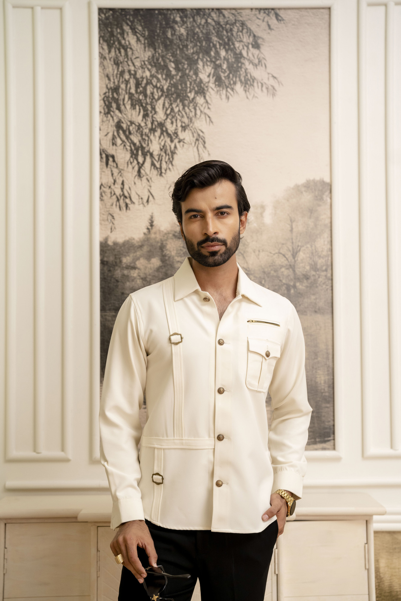 Buckle Motif Royal Shacket In Off White