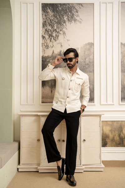 Buckle Motif Royal Shacket In Off White