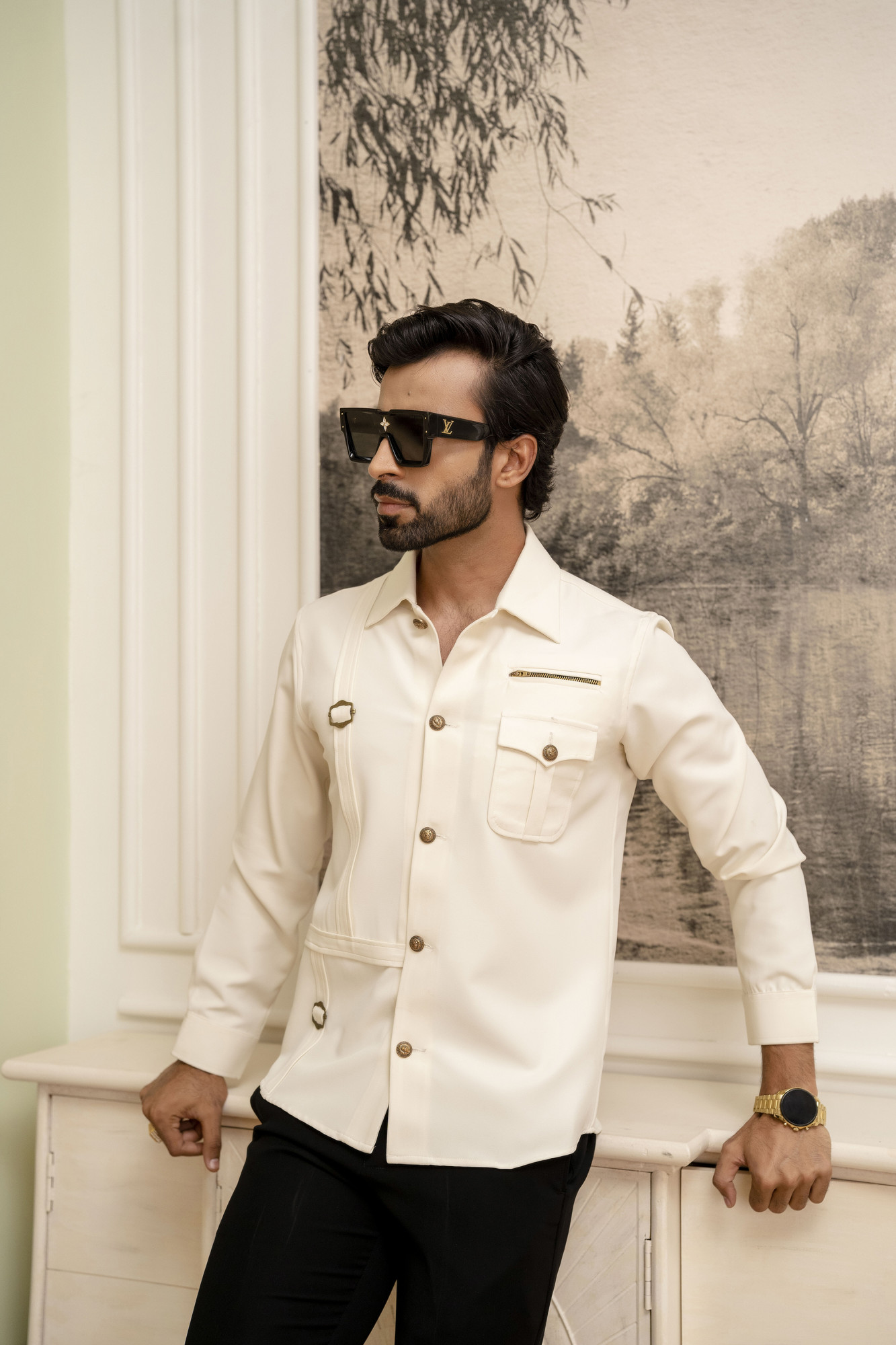 Buckle Motif Royal Shacket In Off White