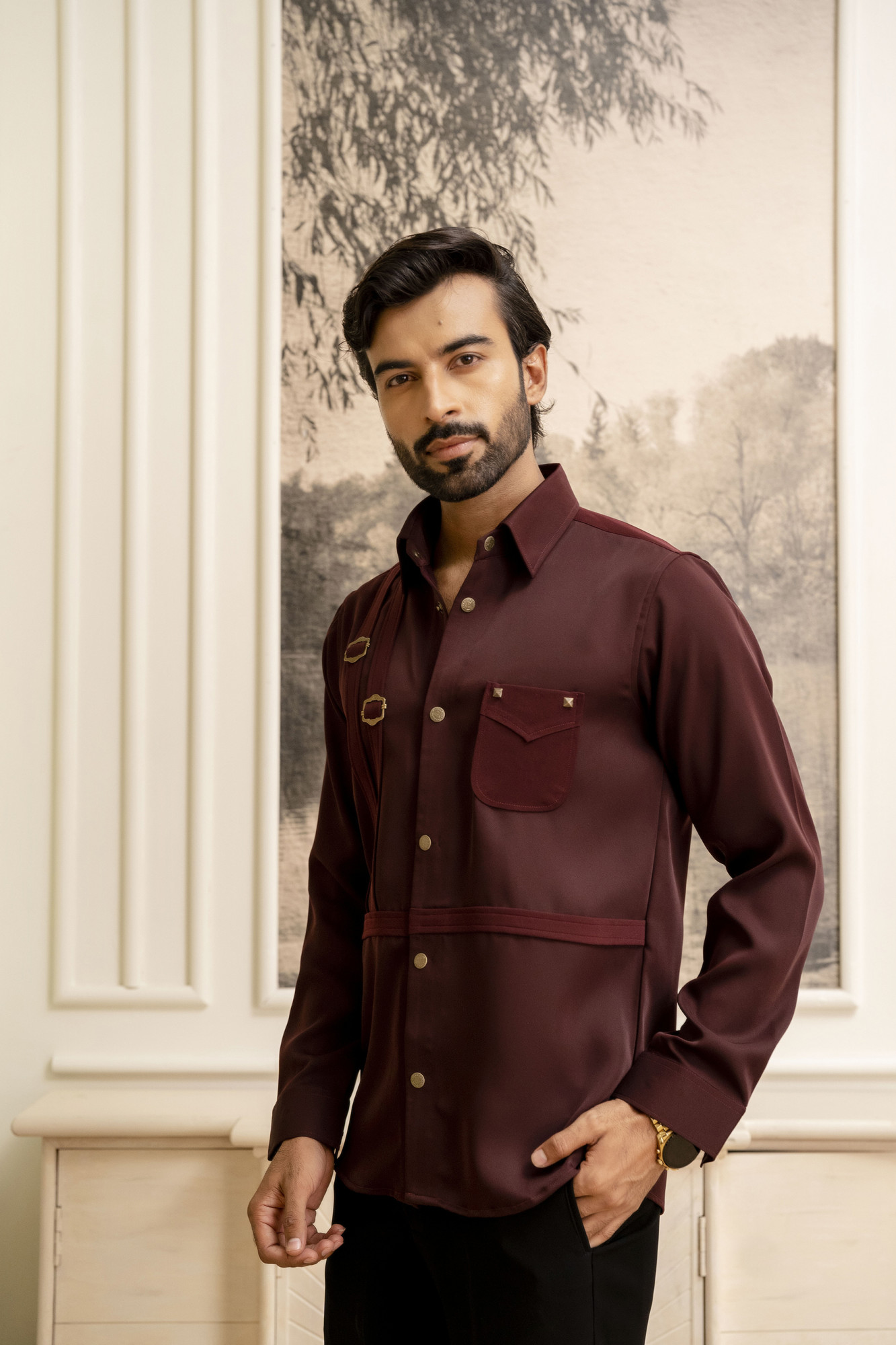 Pin Buckled Shacket In Wine