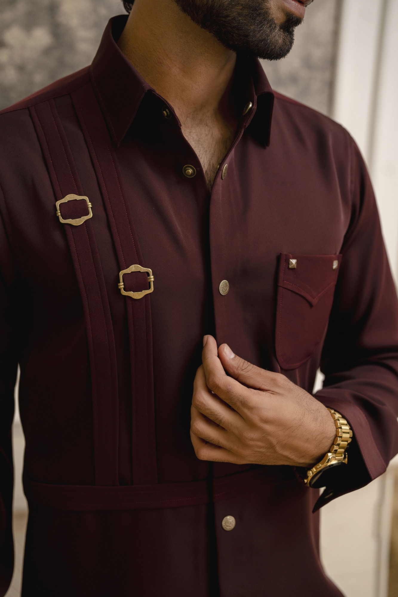 Pin Buckled Shacket In Wine