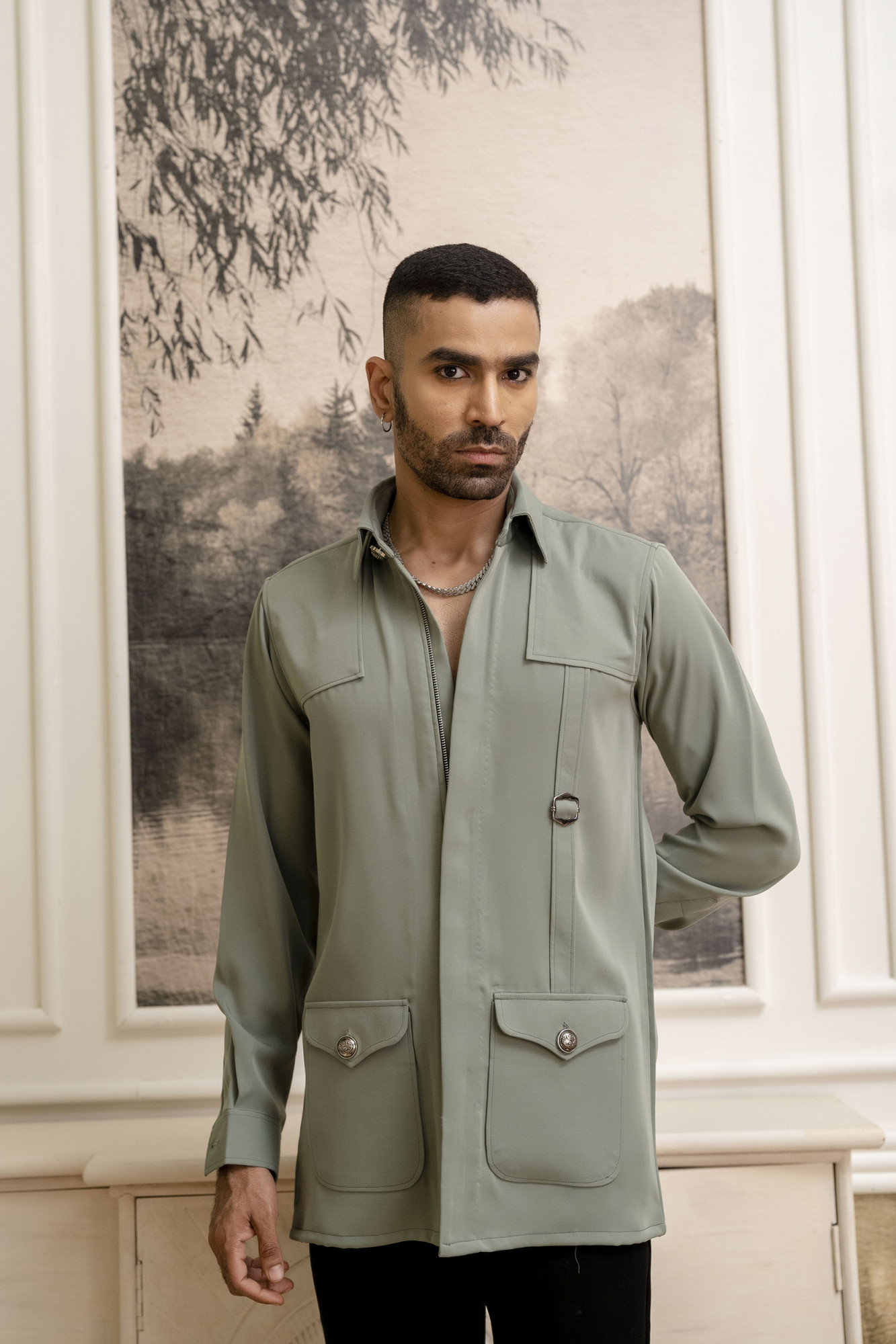 Long Zip Bush Shirt In Off Green