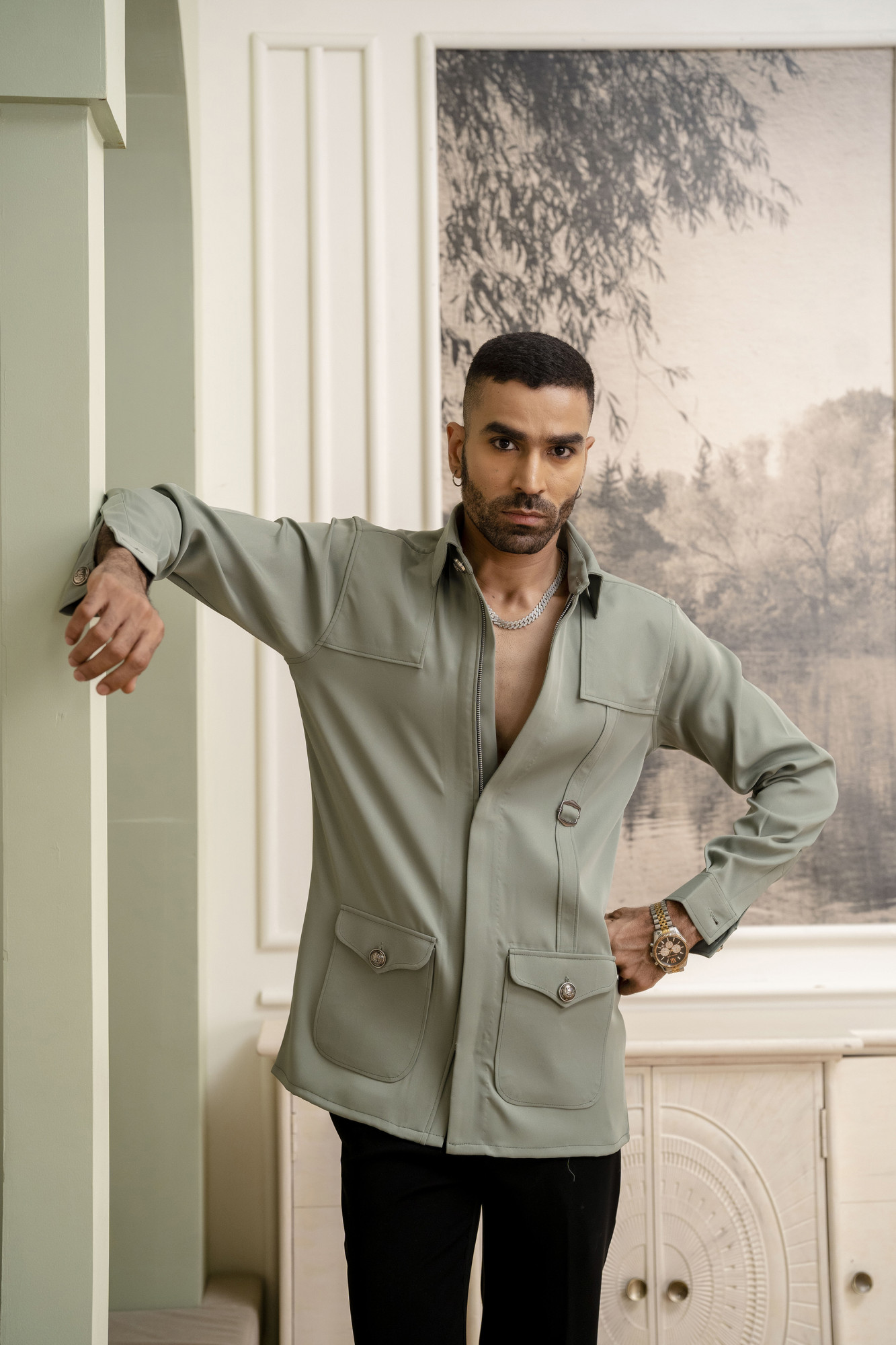 Long Zip Bush Shirt In Off Green