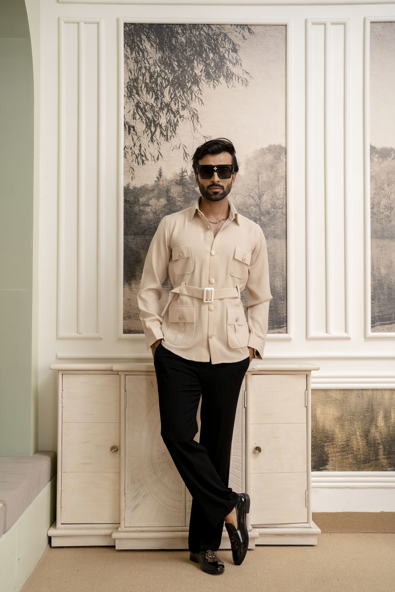 Belted Hunting Shacket In Beige