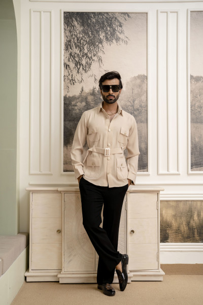 Belted Hunting Shacket In Beige