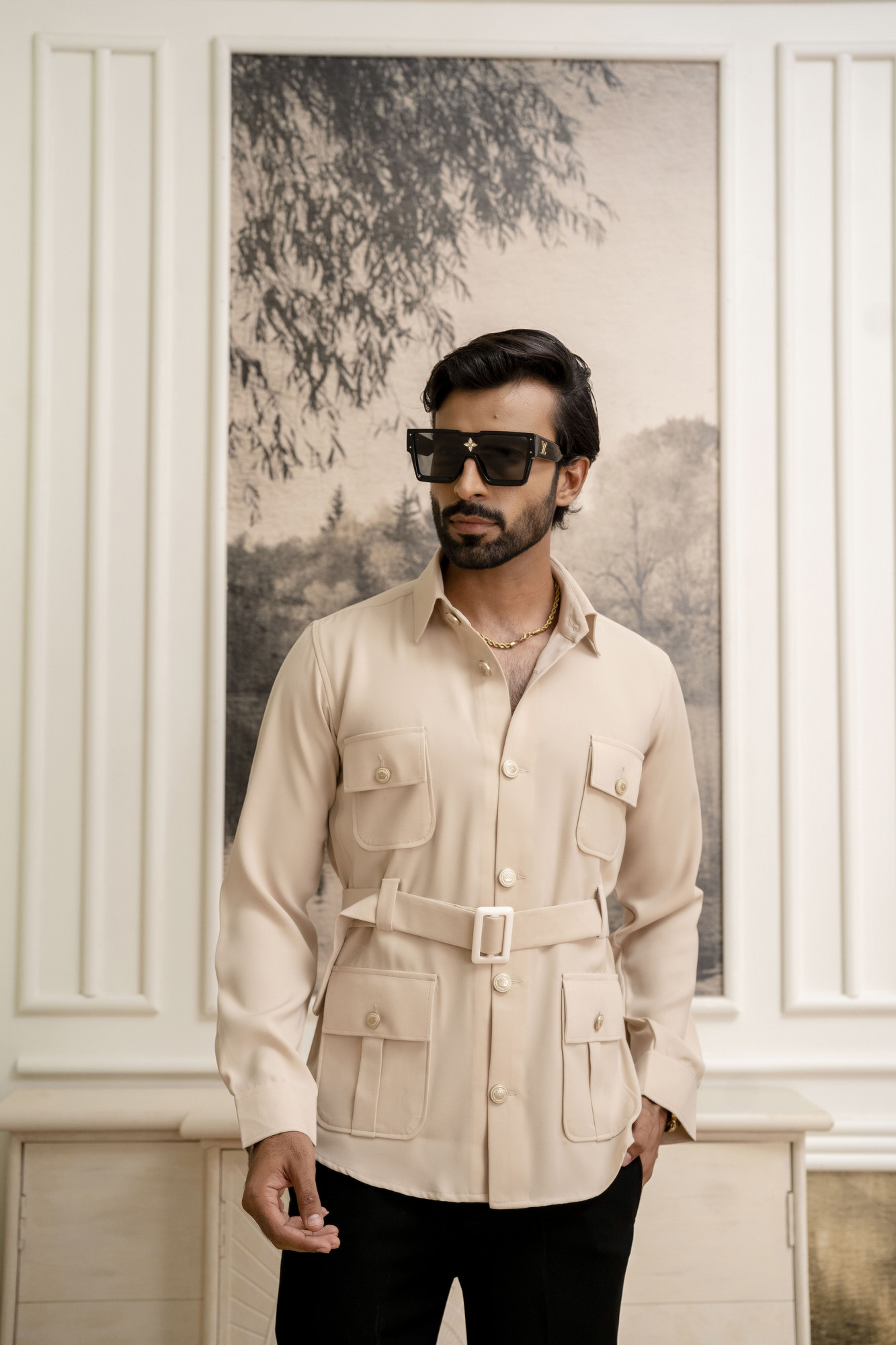 Belted Hunting Shacket In Beige