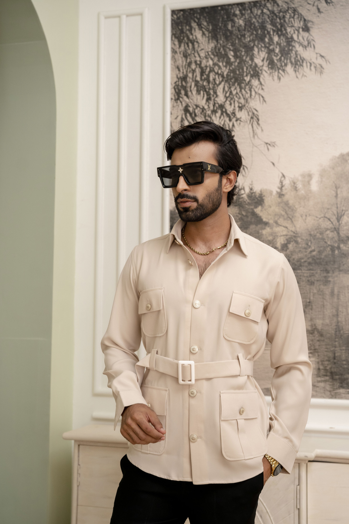 Belted Hunting Shacket In Beige