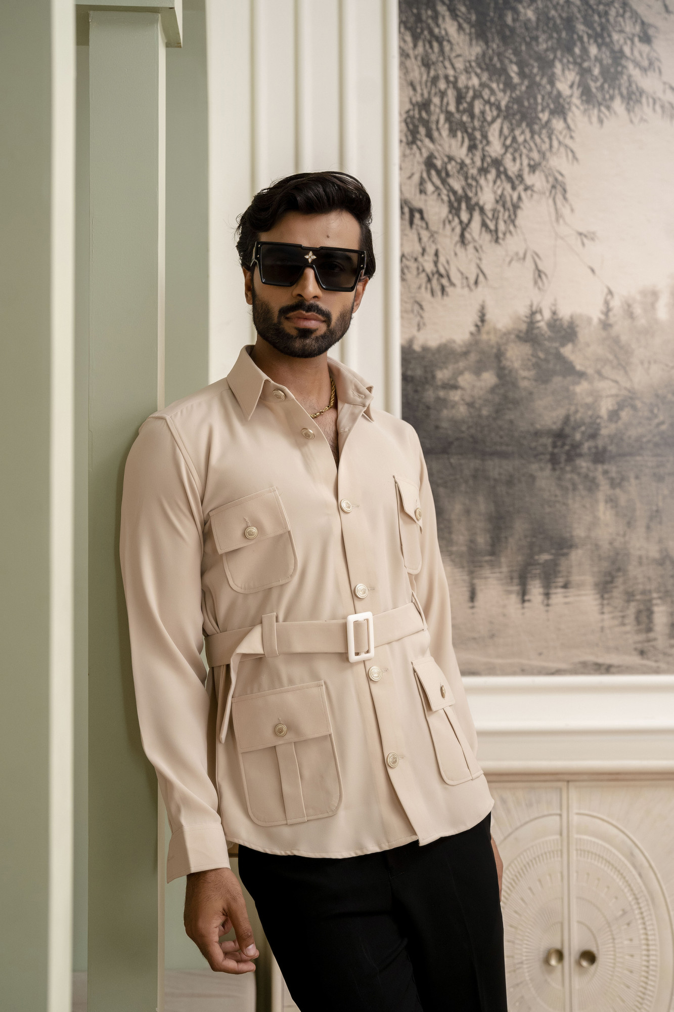 Belted Hunting Shacket In Beige