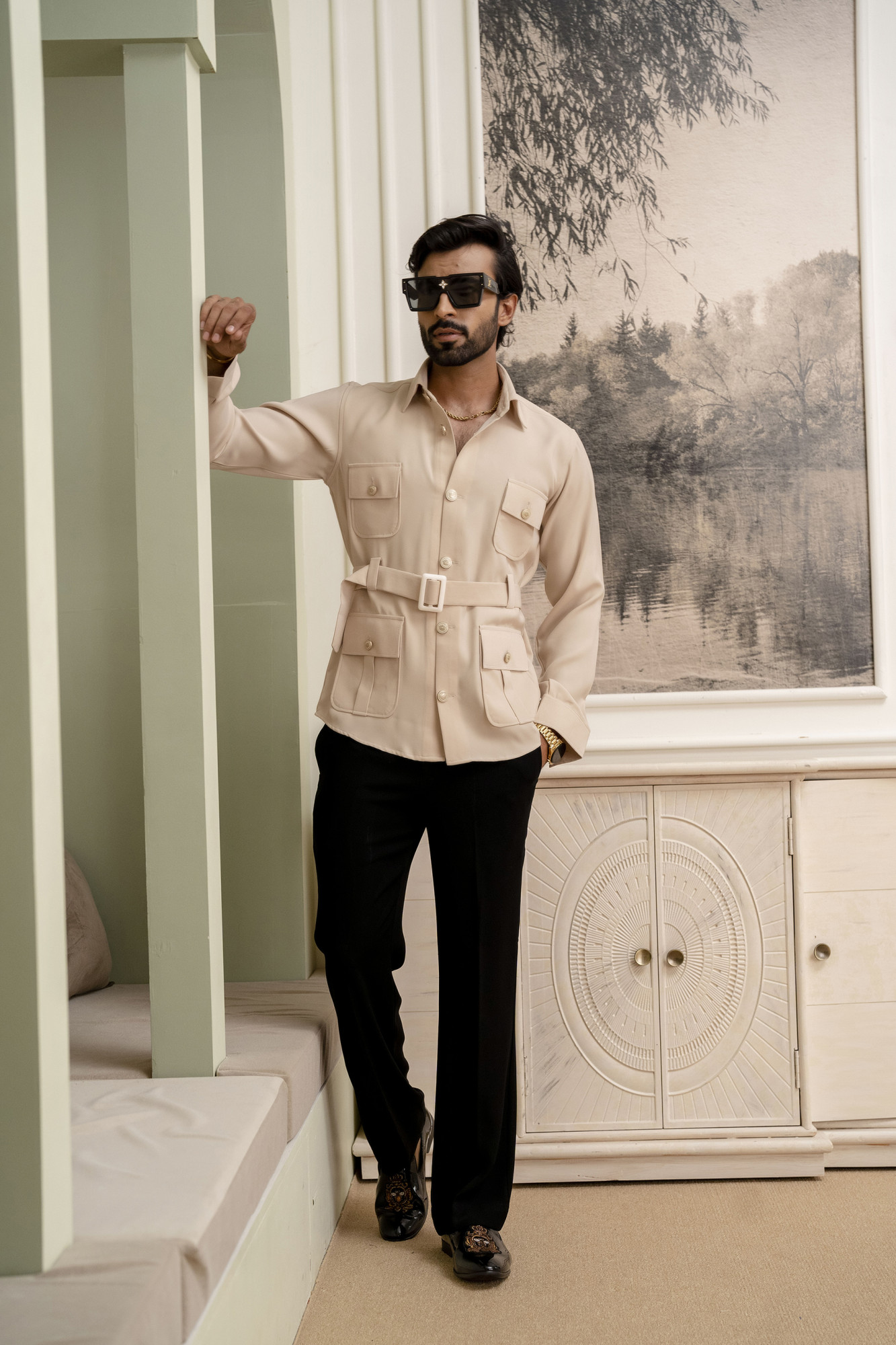 Belted Hunting Shacket In Beige