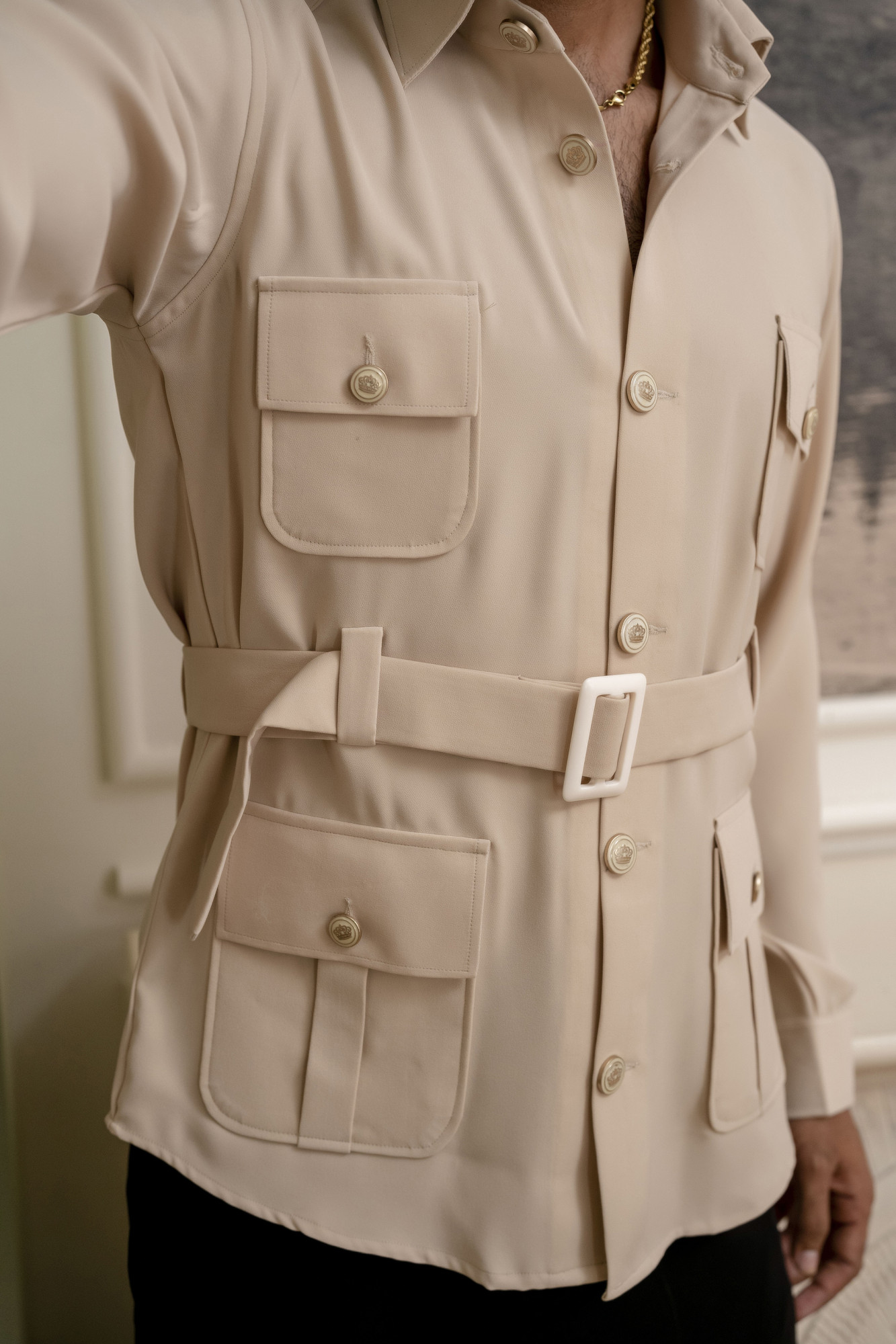 Belted Hunting Shacket In Beige