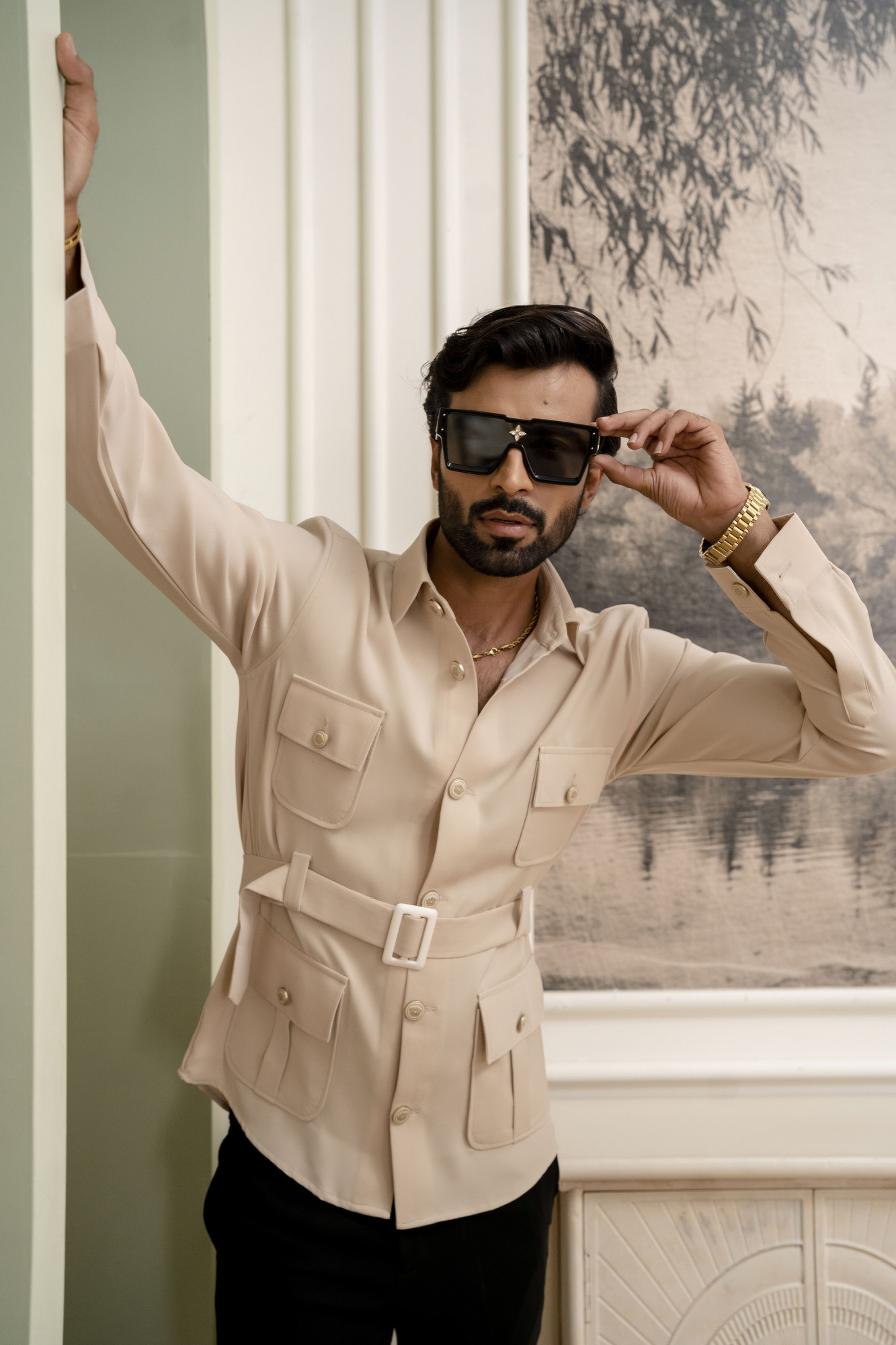 Belted Hunting Shacket In Beige