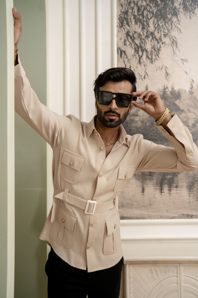 Belted Hunting Shacket In Beige