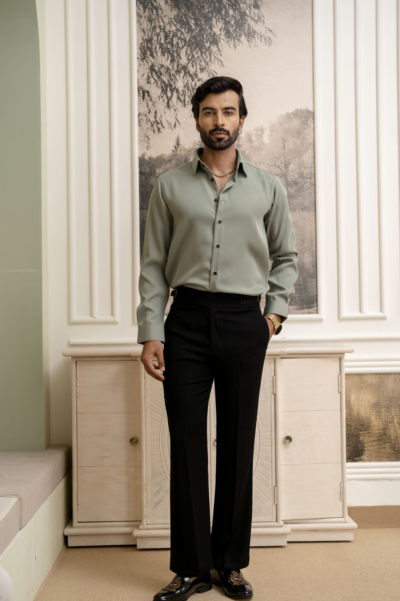 Classic Old Money Formal Shirt In Off Green