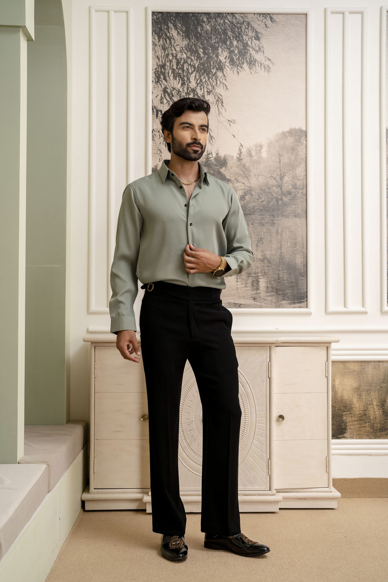 Classic Old Money Formal Shirt In Off Green