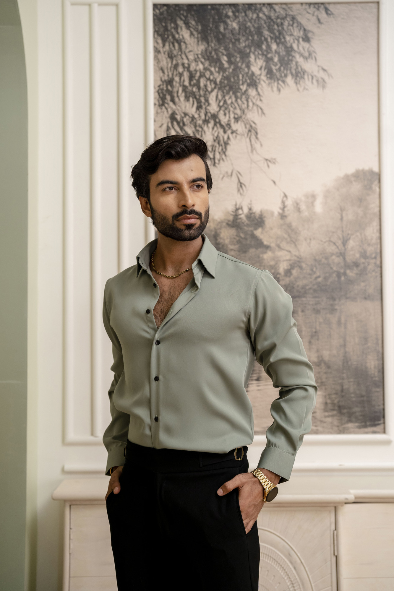 Classic Old Money Formal Shirt In Off Green